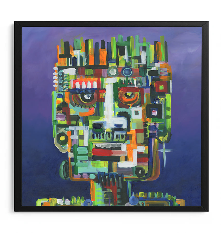 Colorful abstract art piece of a robot head on a purple background