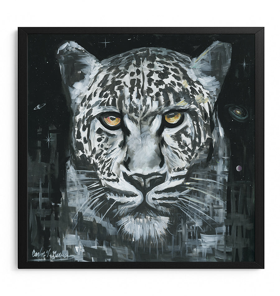 Framed artwork of a leopard's face with a black background